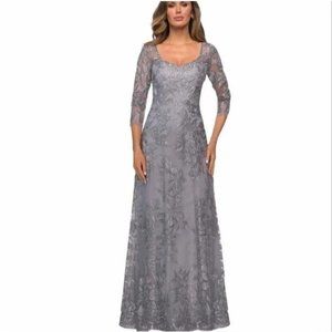 NWT La Femme 28053 Floral Embroidered Mesh A-Line Gown Dress Metallic Silver